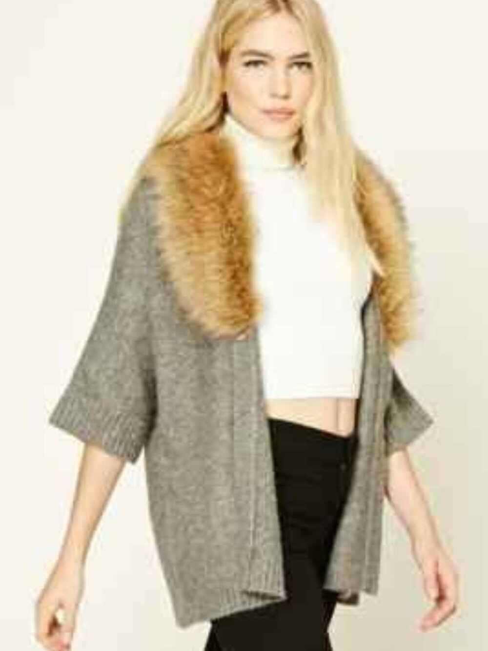Forever 21 CHARCOAL Faux Fur Shawl Collar Cardigan